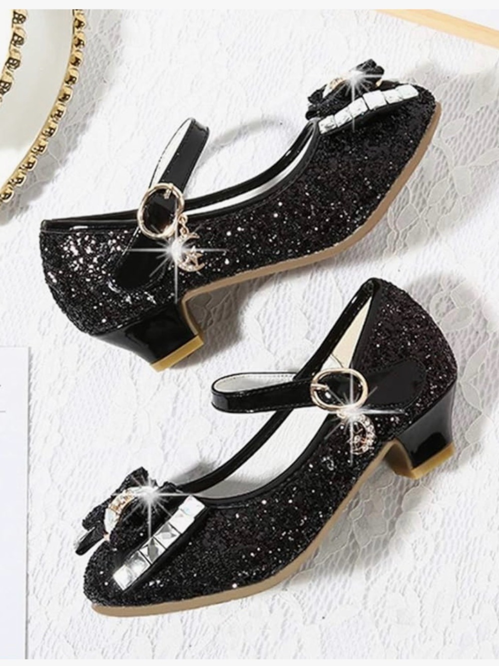 Girls' Black Glitter Mary Jane Heels with Bow